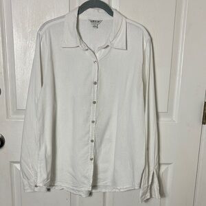 Orvis White Linen Blend Button Down Shirt Sz Large Sleeve tabs beach minimalist
